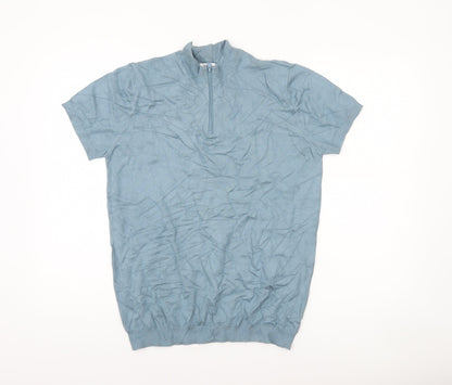 Zara Men’s Blue Cotton 1/2 Zip Short Sleeve Jumper M