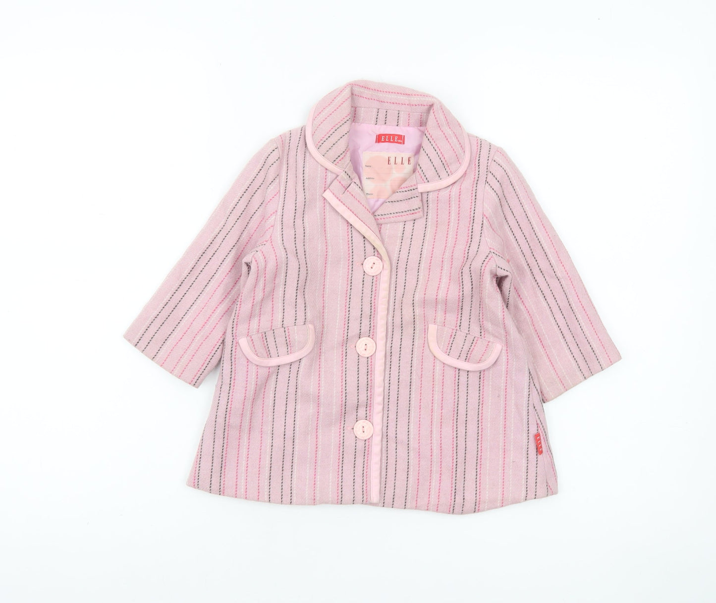 ELLE Girls Pink Striped Wool Blend Coat 12 Months Lined Button Classic Style