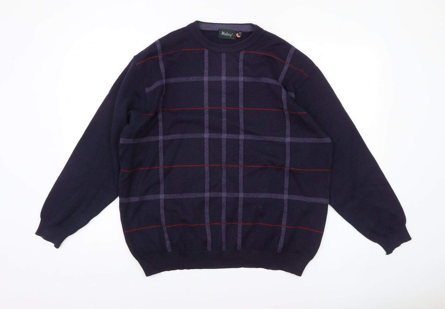 Wolsey Men's Blue Checked Wool Crew Neck Jumper Size L