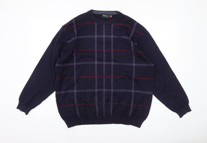 Wolsey Men's Blue Checked Wool Crew Neck Jumper Size L