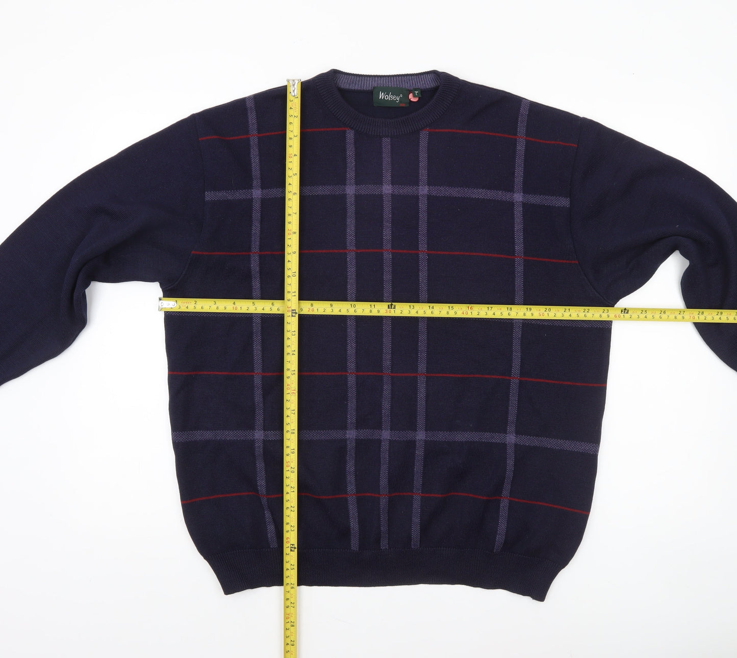 Wolsey Men's Blue Checked Wool Crew Neck Jumper Size L