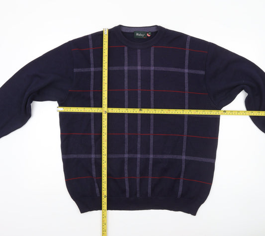 Wolsey Men's Blue Checked Wool Crew Neck Jumper Size L