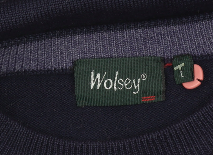 Wolsey Men's Blue Checked Wool Crew Neck Jumper Size L