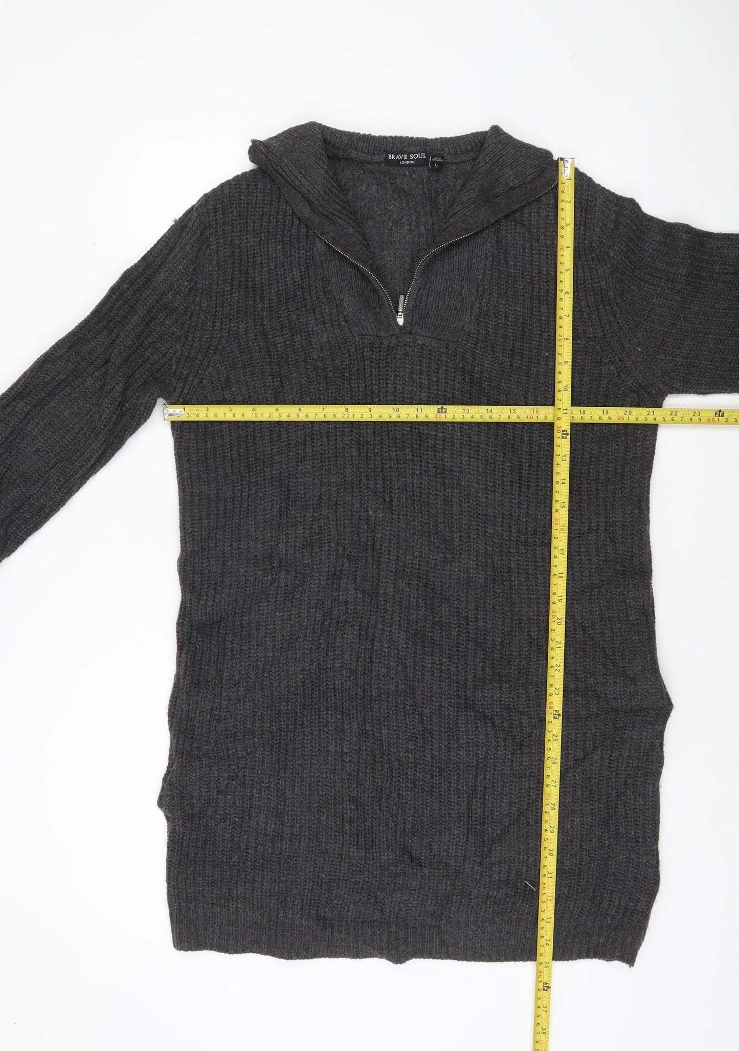 Brave Soul Women’s Grey L Long Sleeve Tunic Jumper 1/2 Zip Knit