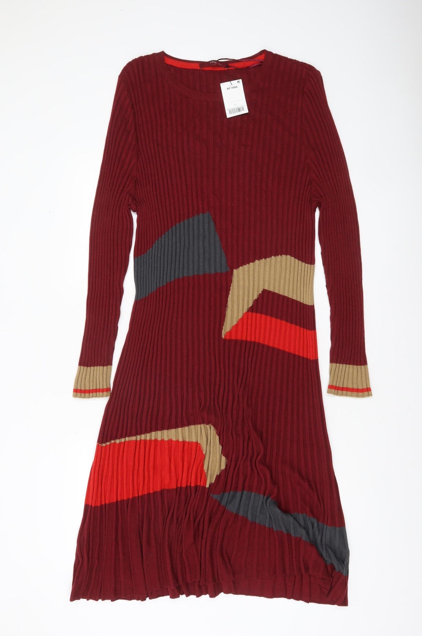 Next Womens Red Geometric Ribbed Knit Long Sleeve Midi Dress Size 22