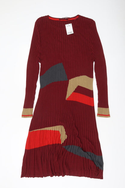 Next Womens Red Geometric Ribbed Knit Long Sleeve Midi Dress Size 22