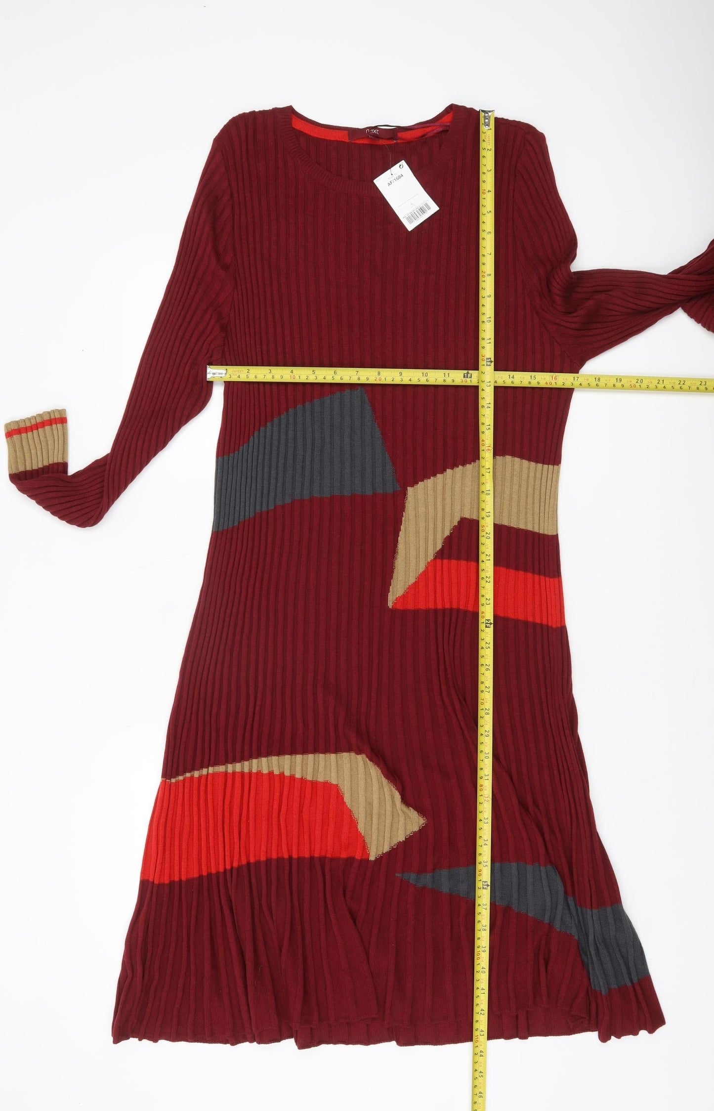 Next Womens Red Geometric Ribbed Knit Long Sleeve Midi Dress Size 22