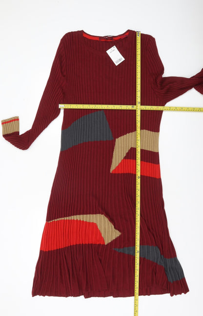 Next Womens Red Geometric Ribbed Knit Long Sleeve Midi Dress Size 22