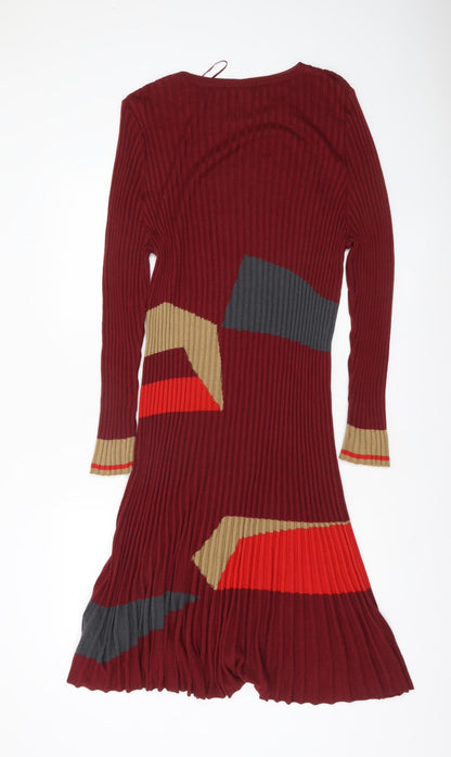 Next Womens Red Geometric Ribbed Knit Long Sleeve Midi Dress Size 22