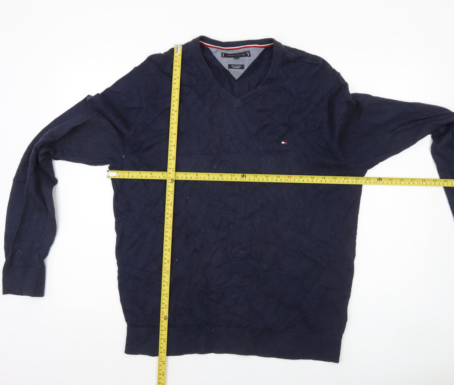 Tommy Hilfiger Men's Blue XL V-Neck Cotton Cashmere Jumper