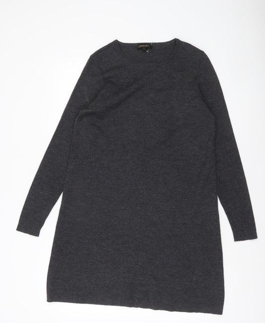 Jaeger Women Grey Wool Knit Shift Dress Size L Long Sleeve