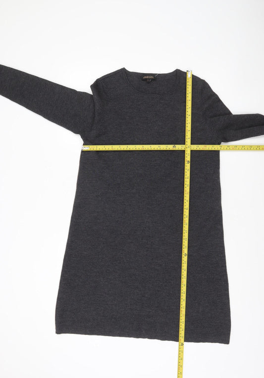 Jaeger Women Grey Wool Knit Shift Dress Size L Long Sleeve