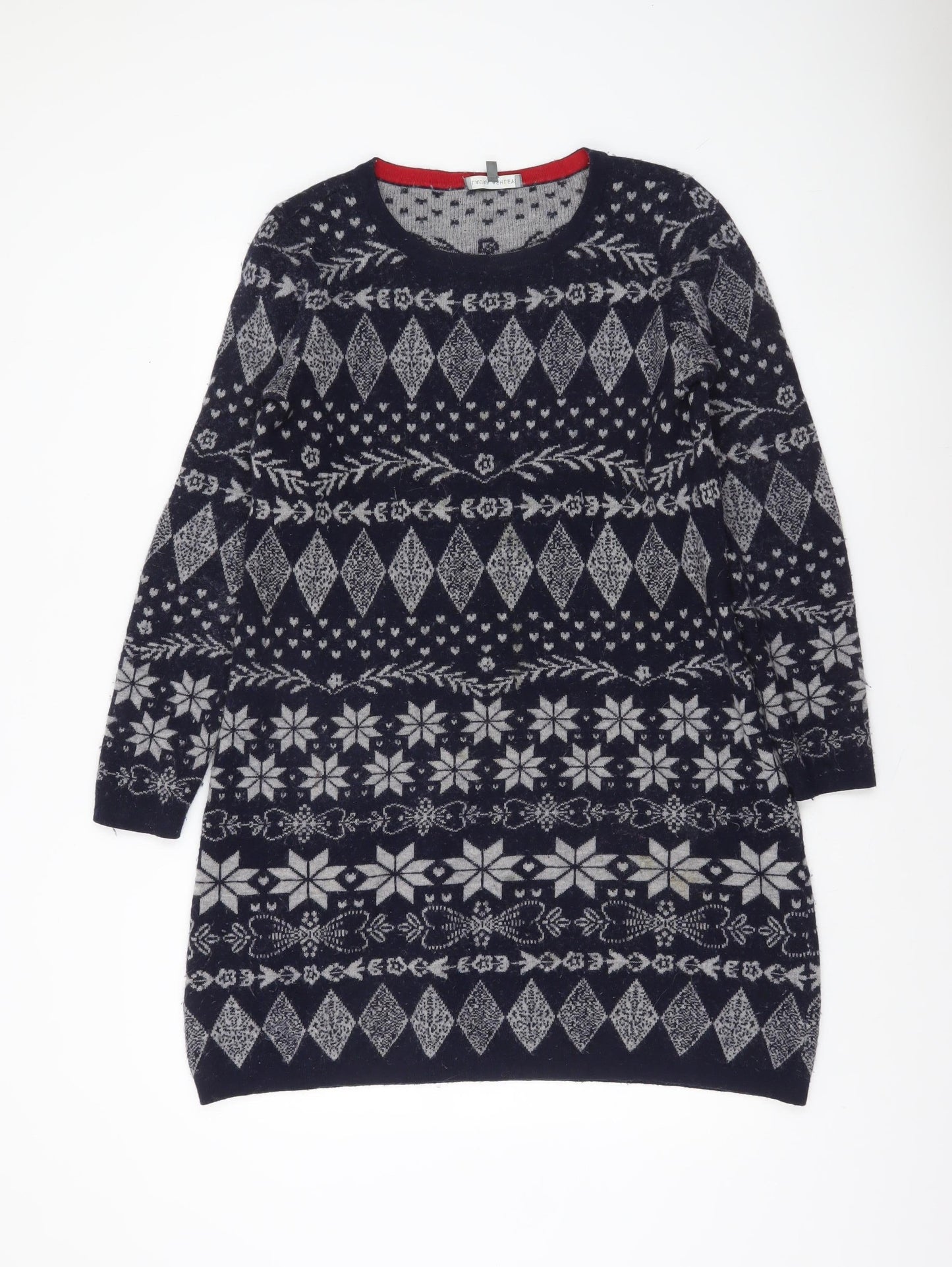 Laura Ashley Womens Blue Fair Isle Wool Knit Jumper Dress UK 14