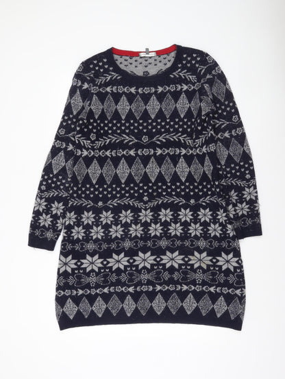 Laura Ashley Womens Blue Fair Isle Wool Knit Jumper Dress UK 14