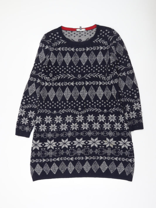 Laura Ashley Womens Blue Fair Isle Wool Knit Jumper Dress UK 14