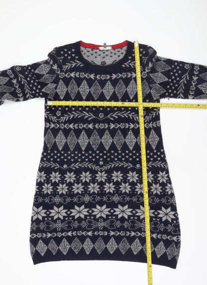 Laura Ashley Womens Blue Fair Isle Wool Knit Jumper Dress UK 14