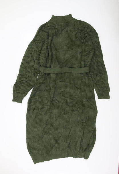 Boohoo Women’s Green Long Sleeve Belted Jumper Dress L