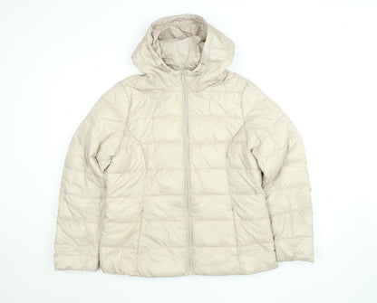 F&F Women's Beige Hooded Puffer Jacket Size 12 Quilted Mid-Length