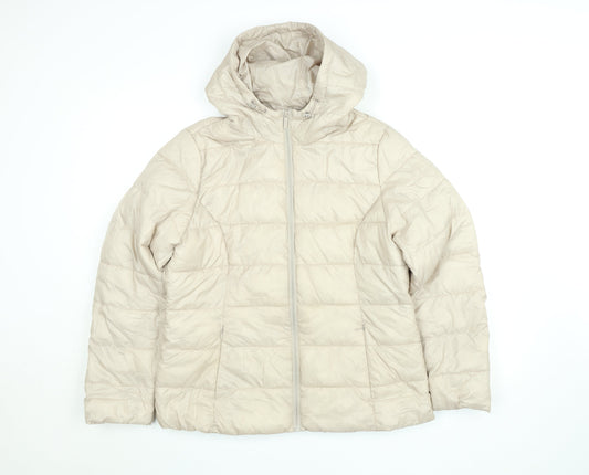 F&F Women's Beige Hooded Puffer Jacket Size 12 Quilted Mid-Length