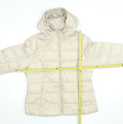 F&F Women's Beige Hooded Puffer Jacket Size 12 Quilted Mid-Length