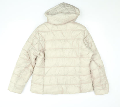 F&F Women's Beige Hooded Puffer Jacket Size 12 Quilted Mid-Length