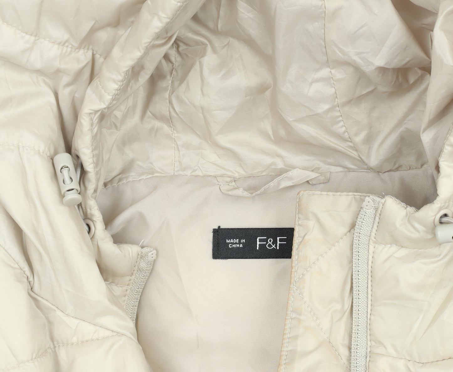F&F Women's Beige Hooded Puffer Jacket Size 12 Quilted Mid-Length