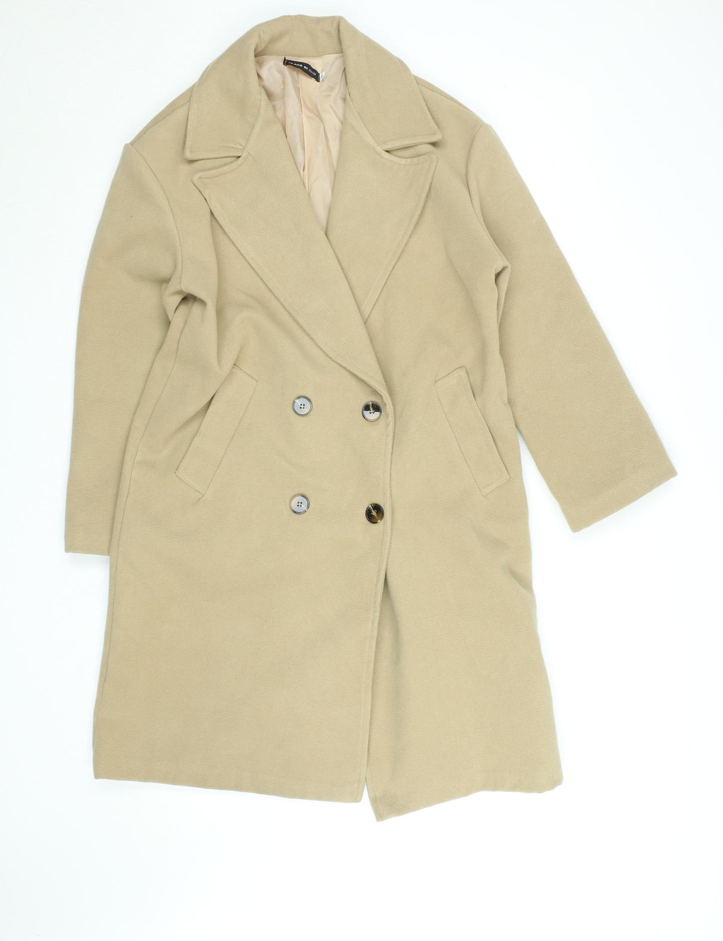 Made in Italy Womens Beige Long Pea Coat Size 10 Polyester