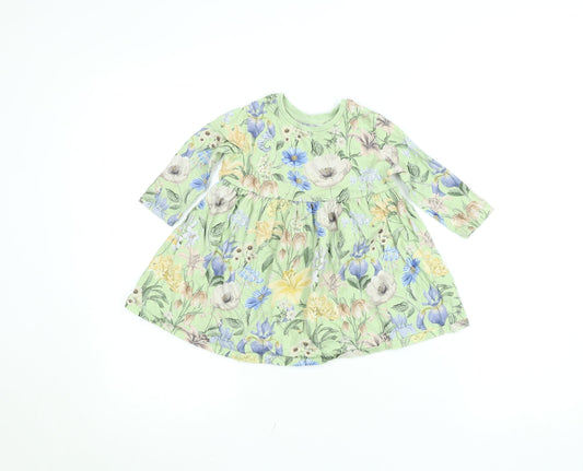 Next Girls Green Floral Cotton A-Line Dress 12-18 Months Long Sleeve