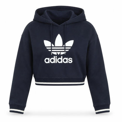 Front view of Adidas Women Navy Blue Cropped Hoodie, size 8, Cotton Blend Logo