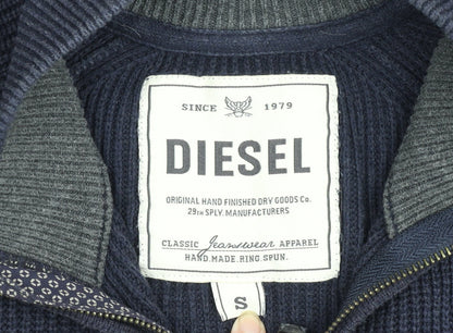 Diesel Men's Blue Cotton Blend 1/4 Zip Knit Jumper Size S