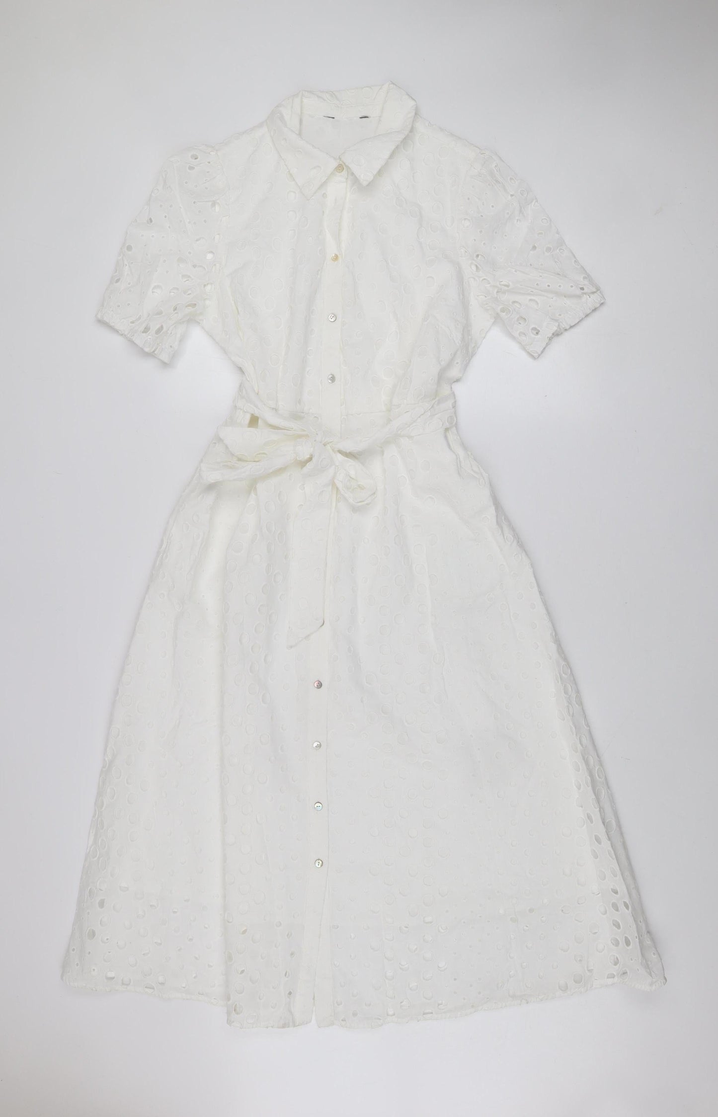 Marks and Spencer Women White Cotton Shirt Dress Size 12 Short Sleeve Belted