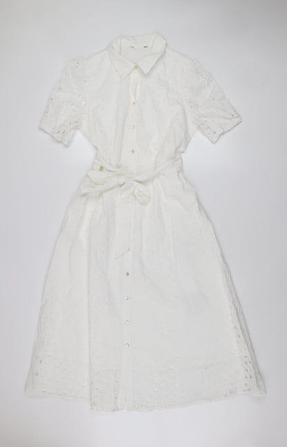 Marks and Spencer Women White Cotton Shirt Dress Size 12 Short Sleeve Belted