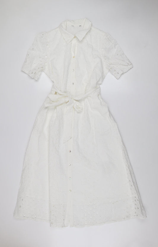 Marks and Spencer Women White Cotton Shirt Dress Size 12 Short Sleeve Belted