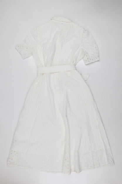 Marks and Spencer Women White Cotton Shirt Dress Size 12 Short Sleeve Belted