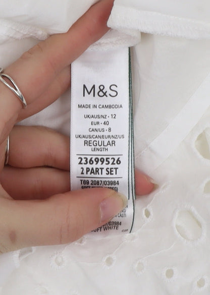 Marks and Spencer Women White Cotton Shirt Dress Size 12 Short Sleeve Belted