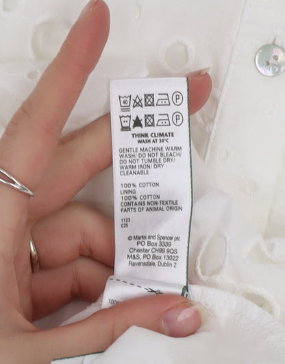 Marks and Spencer Women White Cotton Shirt Dress Size 12 Short Sleeve Belted