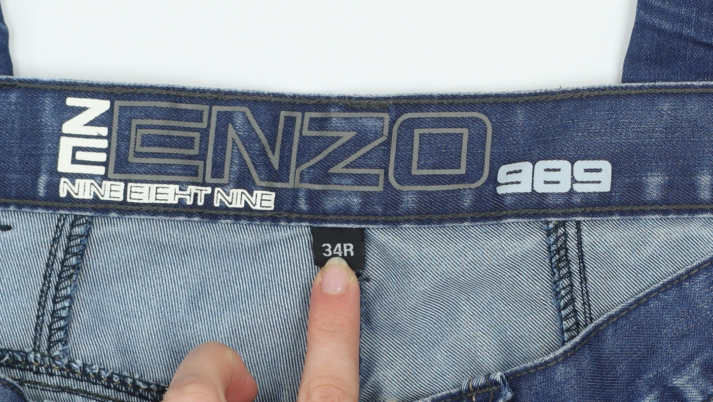 Ze Enzo 989 Men's Blue Straight Denim Jeans 34R Cotton Blend