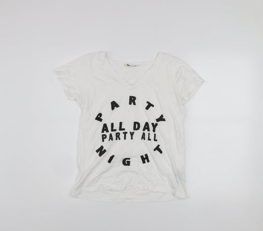 Miss Selfridge Women's White V-Neck Party Print Cotton T-Shirt Size 6