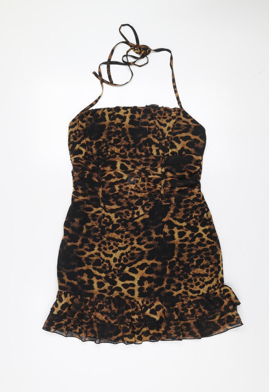 PrettyLittleThing Women’s Brown Leopard Print Halter Bodycon Dress Size 10
