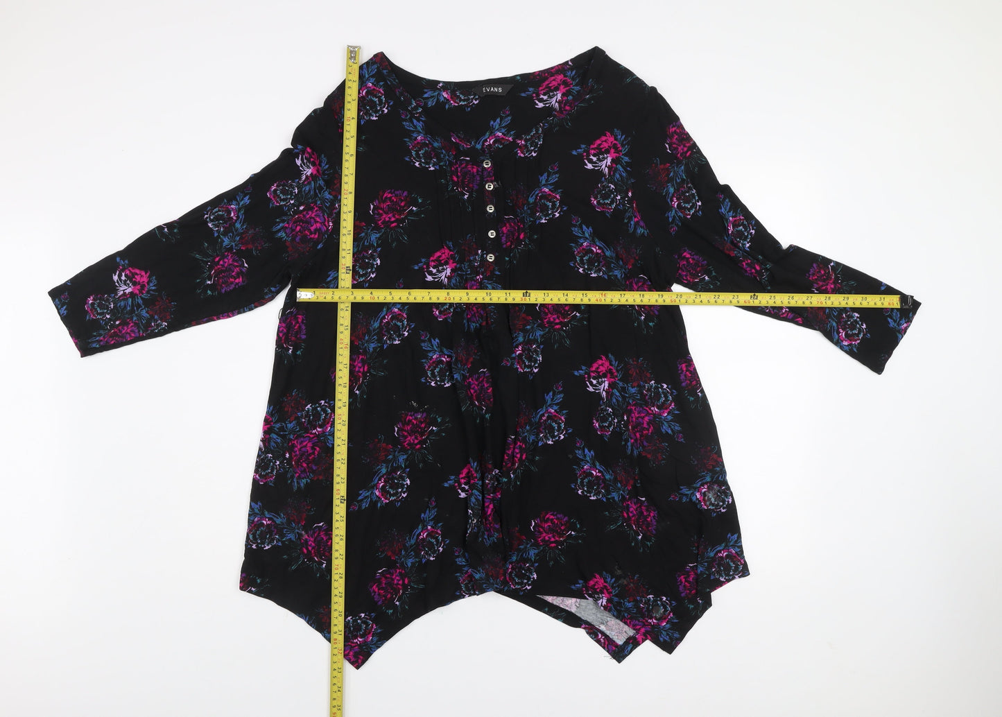 Evans Women’s Black Floral Tunic Blouse Size 20 Viscose 3/4 Sleeve