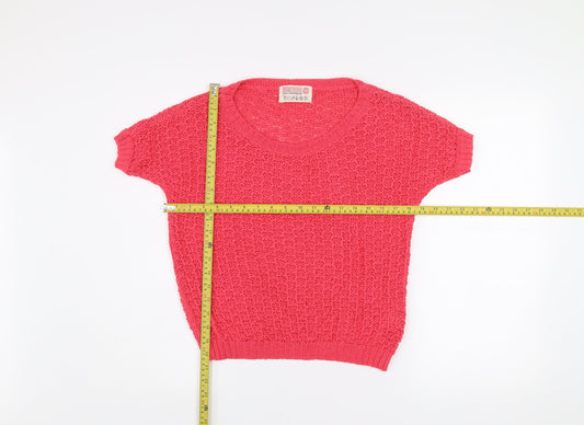 Bershka Women Pink Knit Short Sleeve Scoop Neck T-Shirt XS