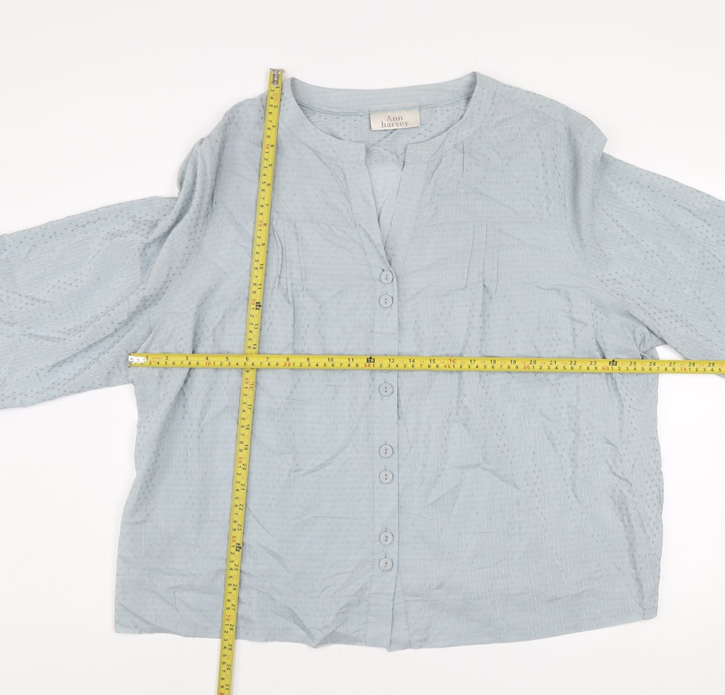 Ann Harvey Women’s Blue Cotton Silk Tunic Blouse Size 28 3/4 Sleeve Button Up