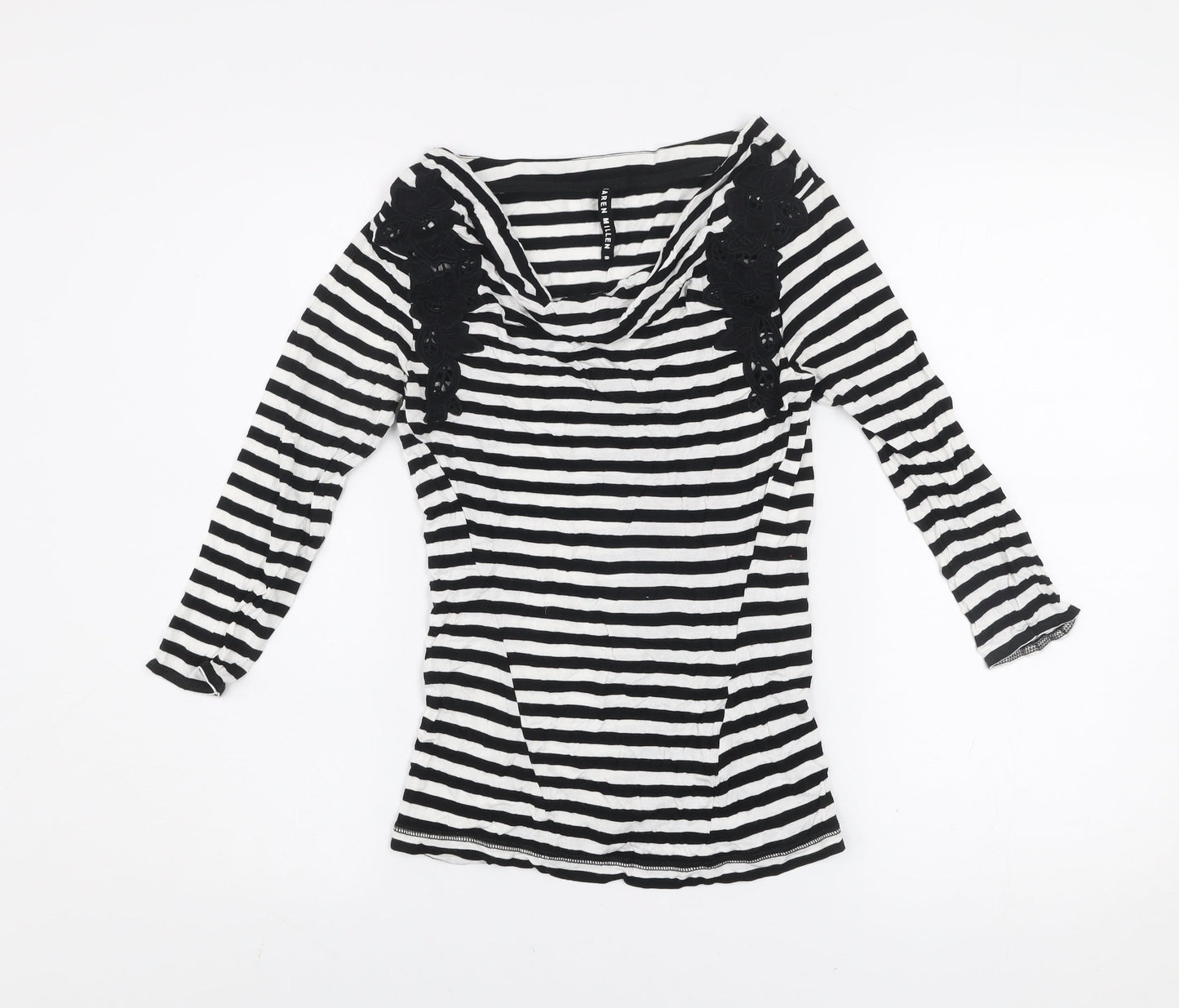 Karen Millen Women’s Black White Striped Cowl Neck Long Sleeve T-Shirt Size 8