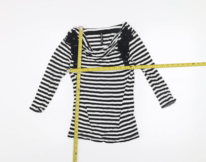 Karen Millen Women’s Black White Striped Cowl Neck Long Sleeve T-Shirt Size 8