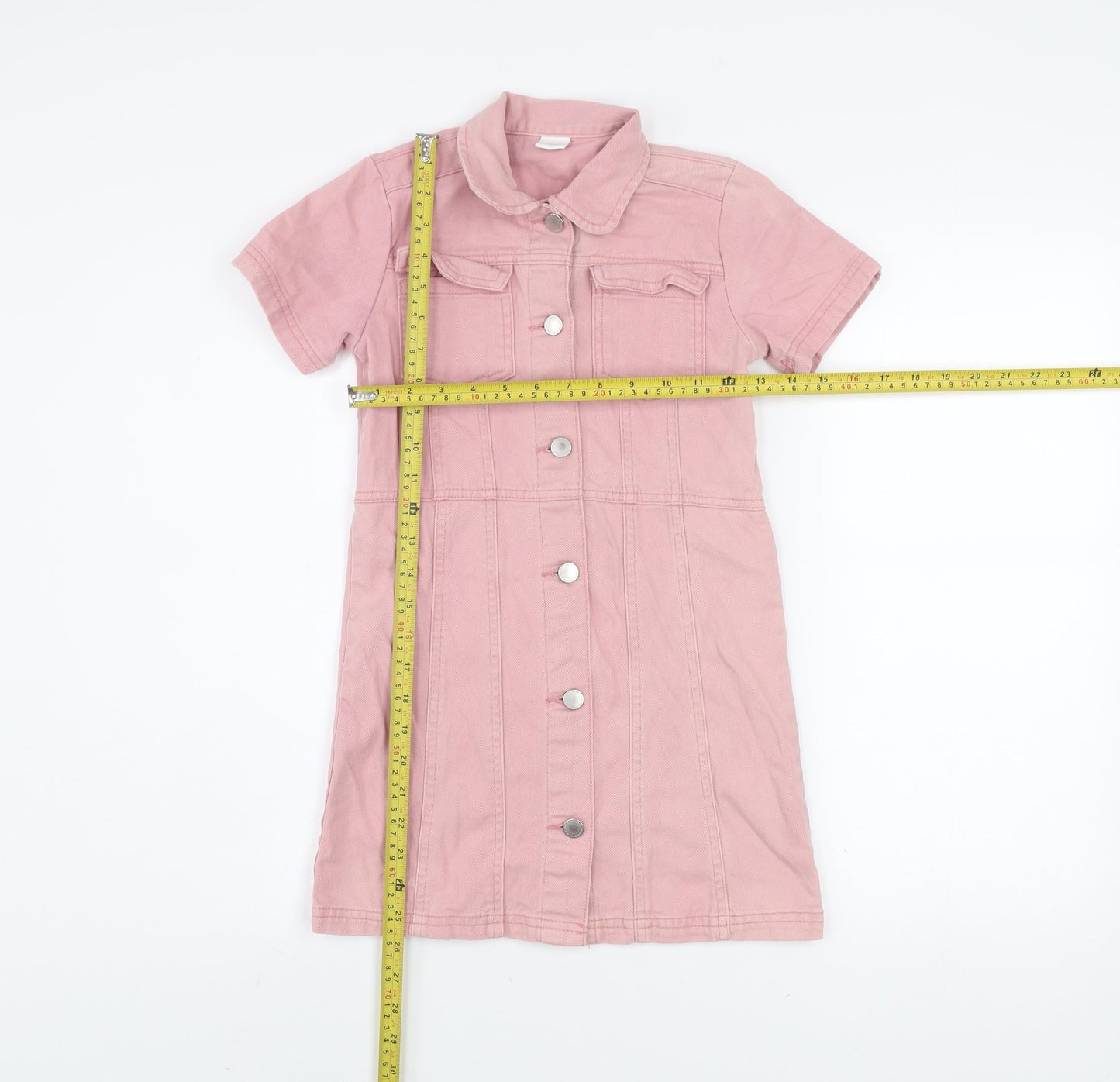 Next Girls Pink Cotton Denim Shirt Dress 9 Years Short Sleeve Button Front