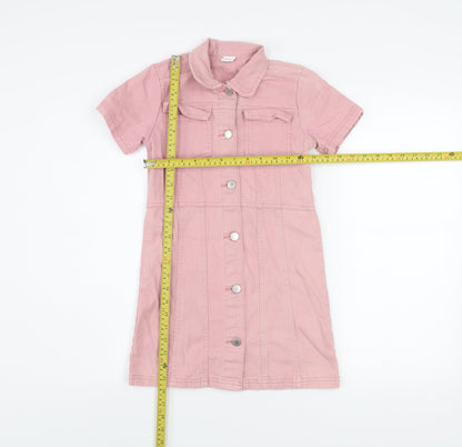 Next Girls Pink Cotton Denim Shirt Dress 9 Years Short Sleeve Button Front