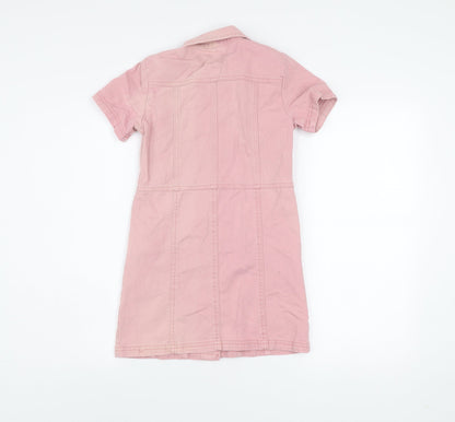 Next Girls Pink Cotton Denim Shirt Dress 9 Years Short Sleeve Button Front