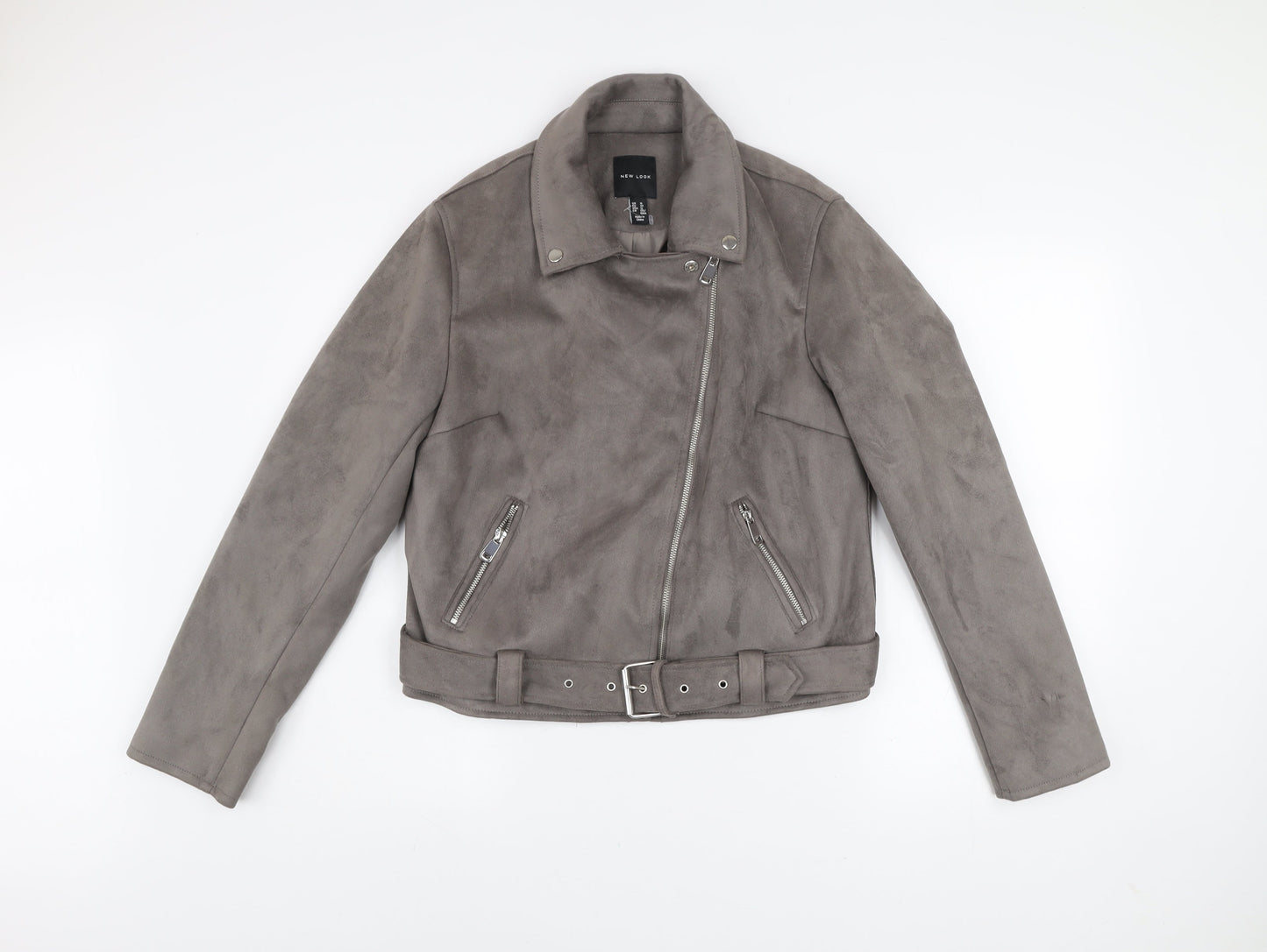 New Look Women’s Grey Faux Suede Biker Jacket Size 16 Belted