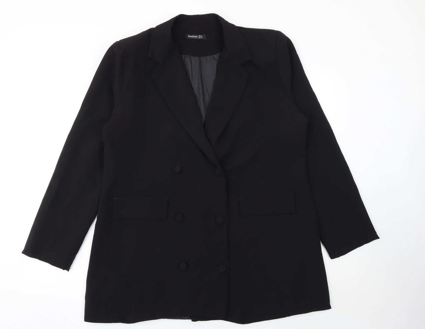 Boohoo Women Black Double-Breasted Suit Jacket UK 18 Long Sleeve