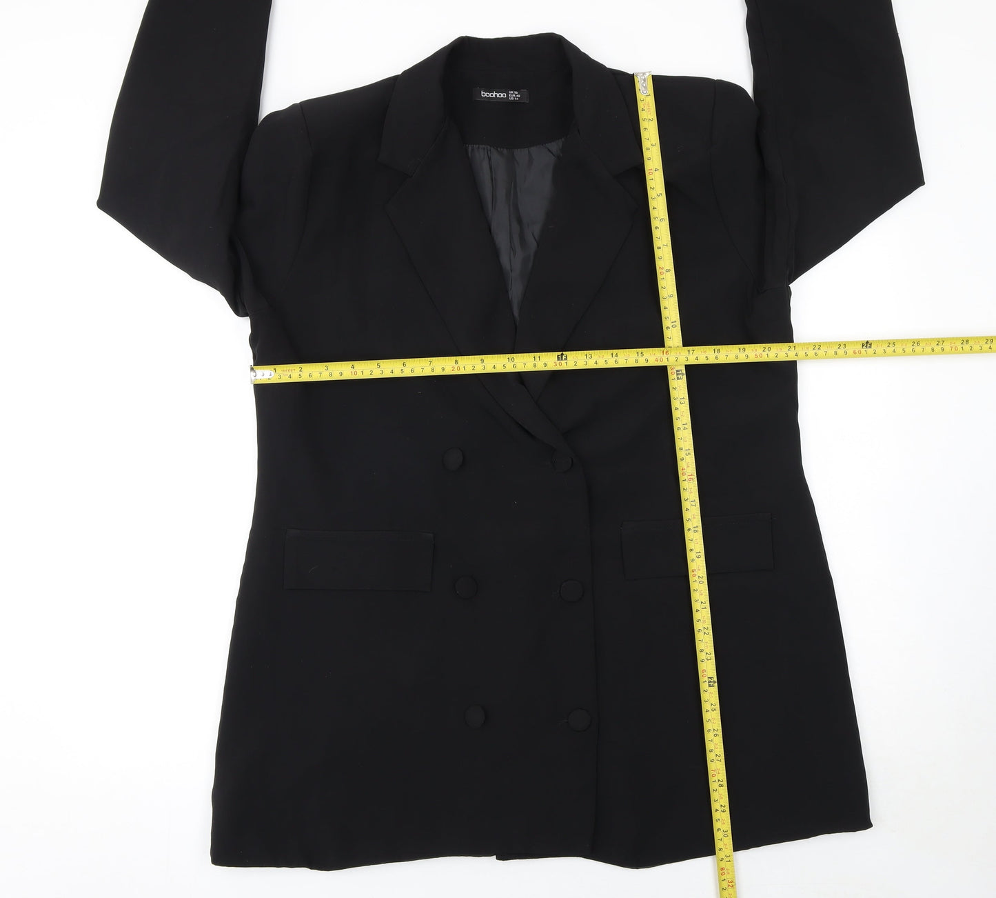 Boohoo Women Black Double-Breasted Suit Jacket UK 18 Long Sleeve